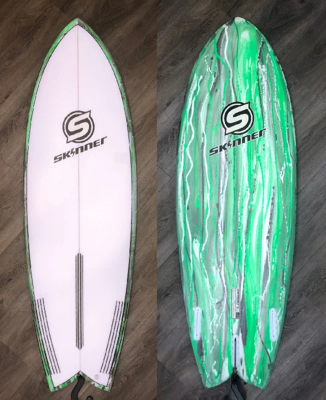 footstraps for better foot retention during extreme moves-SOLD  Skinner 5'7 True Fish  21.25" x 2 11/16" 34.02 L Twin Fin with 3rd box Epoxy