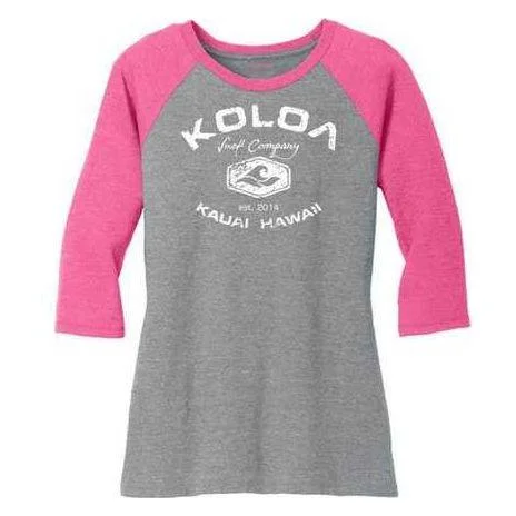 Koloa Surf Co. Arched Koloa Logo Ladies Raglan Baseball T-Shirts-3/4 Sleeve Baseball Tees. Sizes XS-4XL